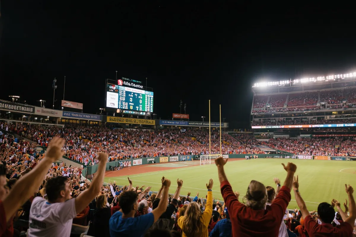 满冠体育资讯站首页视觉图：夜晚体育场与记分牌